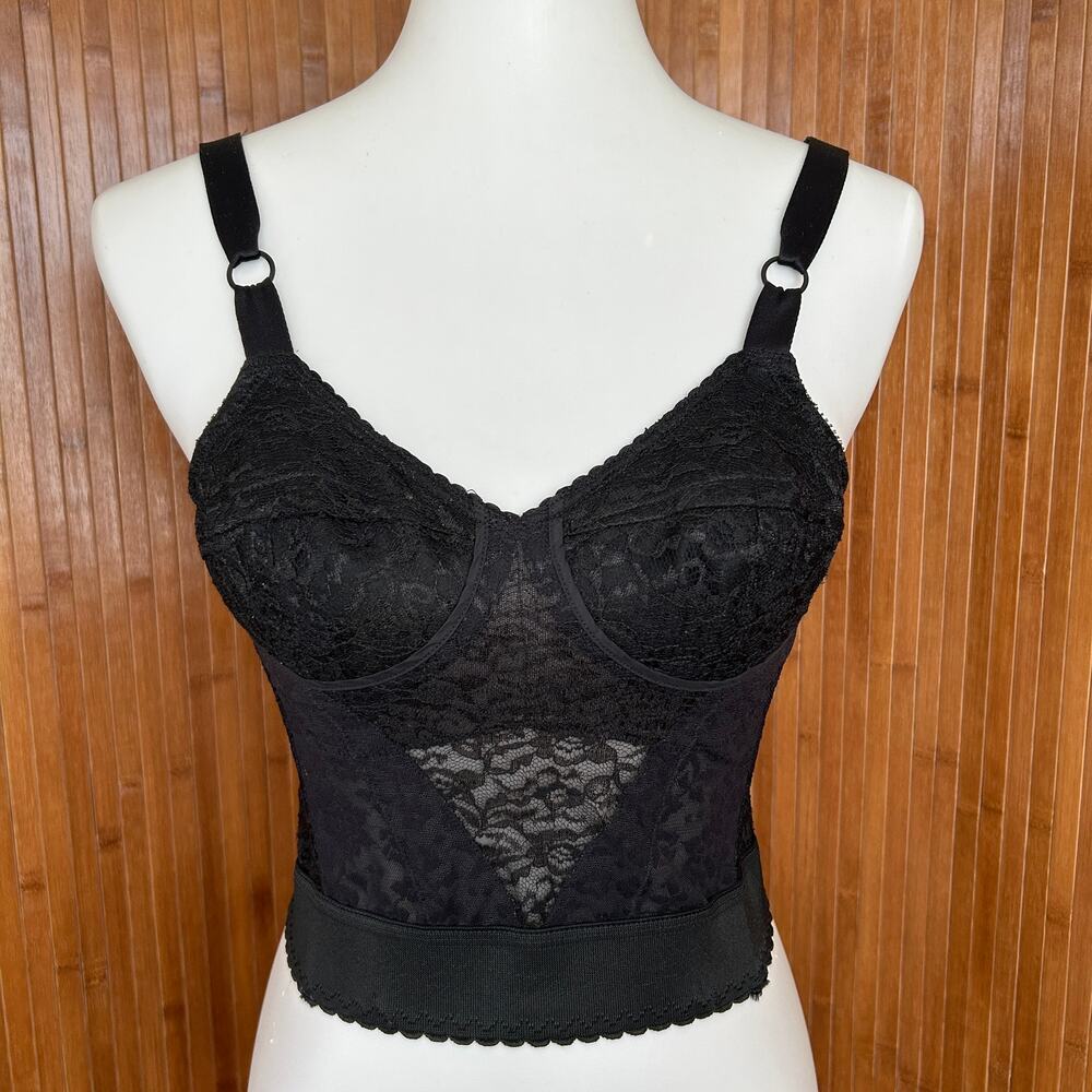 Vintage 50s 60s Black Lace Bustier Torsolette Long Line Bra 34B